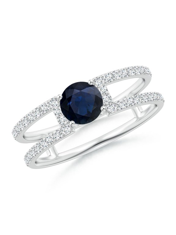 Natural Sapphire Parallel Split Shank Ring with Accents in 14K White Gold for Women (Size-5mm) | September Birthstone, Anniversary, Jewelry Gift for Women | Natural Blue Sapphire Ring