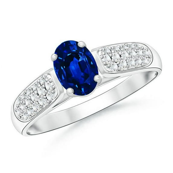 ANGARA Natural Solitaire Oval Sapphire Ring with Pave Diamond Accents in 14K White Gold for Women (Size-6x4mm) | September Birthstone, Anniversary, Jewelry Gift for Women | Natural Blue Sapphire Ring