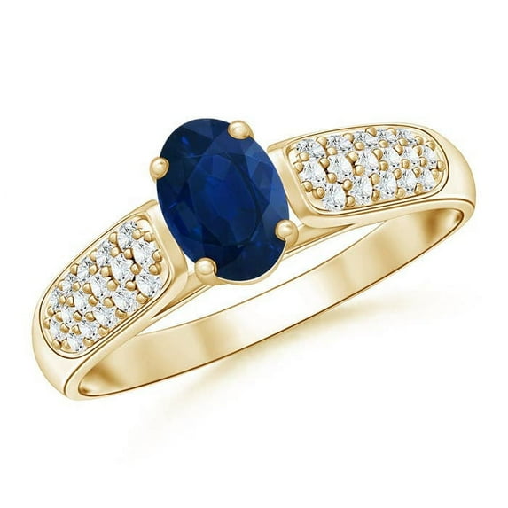 ANGARA Natural Solitaire Oval Sapphire Ring with Pave Diamond Accents in 14K Yellow Gold for Women (Size-6x4mm) | September Birthstone, Anniversary, Jewelry Gift for Women | Natural Sapphire Ring