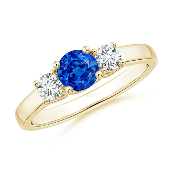 ANGARA Natural Classic Round Sapphire and Diamond Three Stone Ring in 14K Yellow Gold for Women (Size-5mm) | September Birthstone, Anniversary, Jewelry Gift for Women | Natural Blue Sapphire Ring