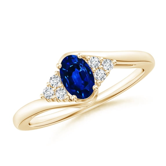 ANGARA Natural Oval Sapphire Bypass Ring with Trio Diamond Accents in 14K Yellow Gold for Women (Size-6x4mm) | September Birthstone, Anniversary, Jewelry Gift for Women | Natural Blue Sapphire Ring