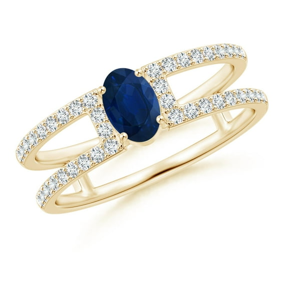 ANGARA Natural Oval Sapphire Parallel Split Shank Ring with Accents in 14K Yellow Gold for Women (Size-6x4mm) | September Birthstone, Anniversary, Jewelry Gift for Women | Natural Blue Sapphire Ring