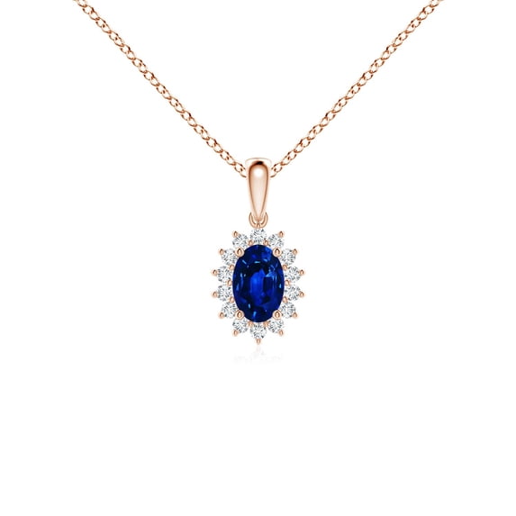 ANGARA Natural Oval Sapphire Pendant with Floral Diamond Halo in 14K Rose Gold for Women (Size-6x4mm) | September Birthstone, Anniversary, Jewelry Gift for Women | Natural Blue Sapphire Necklace
