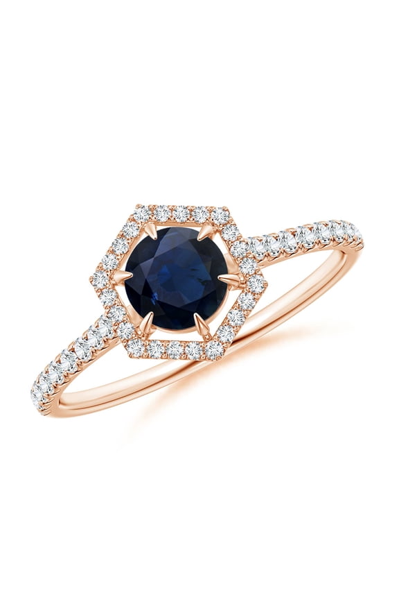 Natural Round Sapphire Ring with Hexagonal Diamond Halo in 14K Rose Gold for Women (Size-5mm) | September Birthstone, Birthday, Anniversary, Jewelry Gift for Women | Natural Blue Sapphire Ring