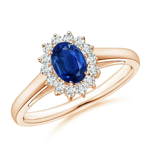 ANGARA Natural Princess Diana Inspired Blue Sapphire Ring with Diamond Halo in 14K Rose Gold for Women (Size-6x4mm) | September Birthstone, Anniversary, Jewelry Gift for Women | Natural Sapphire Ring