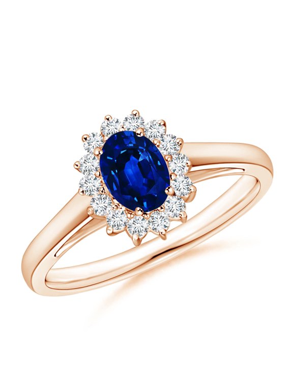 Natural Princess Diana Inspired Blue Sapphire Ring with Diamond Halo in 14K Rose Gold for Women (Size-6x4mm) | September Birthstone, Anniversary, Jewelry Gift for Women | Natural Sapphire Ring