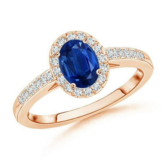ANGARA Natural Oval Blue Sapphire Halo Ring with Diamond Accents in 14K Rose Gold for Women (Size-6x4mm) | September Birthstone, Anniversary, Jewelry Gift for Women | Natural Blue Sapphire Ring