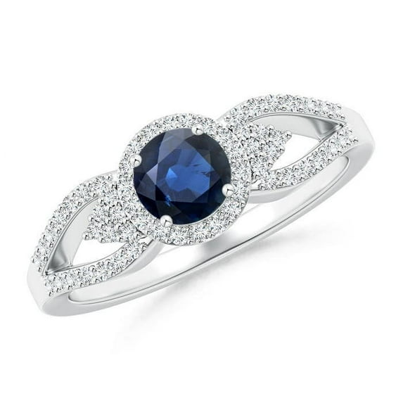 ANGARA Natural Split Shank Round Sapphire Halo Ring with Cluster Diamonds in 14K White Gold for Women (Size-5mm) | September Birthstone, Anniversary, Jewelry Gift for Women | Natural Sapphire Ring