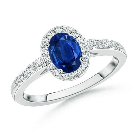 ANGARA Natural Oval Blue Sapphire Halo Ring with Diamond Accents in 14K White Gold for Women (Size-6x4mm) | September Birthstone, Anniversary, Jewelry Gift for Women | Natural Blue Sapphire Ring