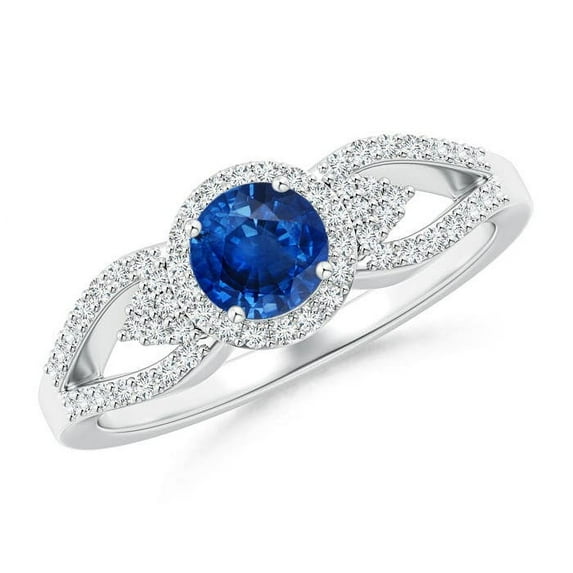 ANGARA Natural Split Shank Round Sapphire Halo Ring with Cluster Diamonds in 14K White Gold for Women (Size-5mm) | September Birthstone, Anniversary, Jewelry Gift for Women | Natural Sapphire Ring