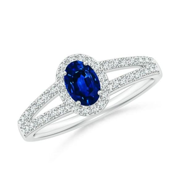 ANGARA Natural Oval Blue Sapphire Split Shank Halo Ring in 14K White Gold for Women (Size-6x4mm) | September Birthstone, Birthday, Anniversary, Jewelry Gift for Women | Natural Blue Sapphire Ring