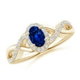 thumbnail image 1 of ANGARA Natural Oval Blue Sapphire Crossover Ring with Diamond Halo in 14K Yellow Gold for Women (Size-6x4mm) | September Birthstone, Anniversary, Jewelry Gift for Women | Natural Blue Sapphire Ring, 1 of 9