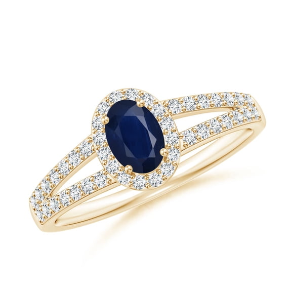 ANGARA Natural Oval Blue Sapphire Split Shank Halo Ring in 14K Yellow Gold for Women (Size-6x4mm) | September Birthstone, Birthday, Anniversary, Jewelry Gift for Women | Natural Blue Sapphire Ring