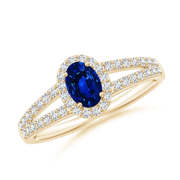ANGARA Natural Oval Blue Sapphire Split Shank Halo Ring in 14K Yellow Gold for Women (Size-6x4mm) | September Birthstone, Birthday, Anniversary, Jewelry Gift for Women | Natural Blue Sapphire Ring