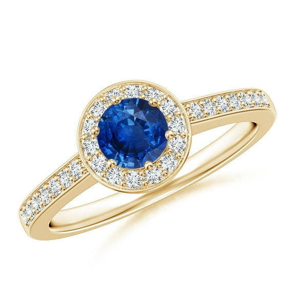 ANGARA Natural Blue Sapphire Halo Ring with Diamond Accents in 14K Yellow Gold for Women (Size-5mm) | September Birthstone, Birthday, Anniversary, Jewelry Gift for Women | Natural Blue Sapphire Ring