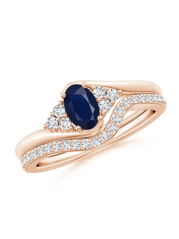 Natural Oval Blue Sapphire Bypass Bridal Set with Diamonds in 14K Rose Gold for Women (Size-6x4mm) | September Birthstone, Anniversary, Jewelry Gift for Women | Natural Blue Sapphire Ring