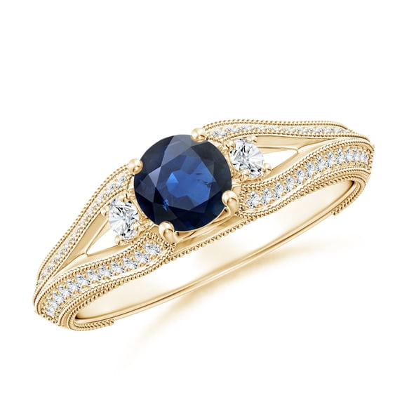 ANGARA Natural Vintage Inspired Round Sapphire & Diamond Three Stone Ring in 14K Yellow Gold for Women (Size-5mm) | September Birthstone, Anniversary, Jewelry Gift for Women | Natural Sapphire Ring