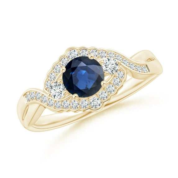 ANGARA Natural Aeon Sapphire & Diamond Floral Halo 3 Stone Engagement Ring in 14K Yellow Gold for Women (Size-5mm) | September Birthstone, Anniversary, Jewelry Gift for Women | Natural Sapphire Ring