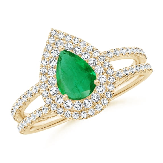 ANGARA Natural Split Shank Pear Emerald and Diamond Double Halo Ring in 14K Yellow Gold for Women (Size-7x5mm) | May Birthstone, Birthday, Anniversary, Jewelry Gift for Women | Natural Emerald Ring