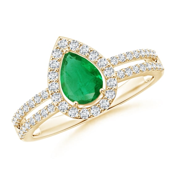 ANGARA Natural Pear Emerald and Diamond Halo Split Shank Ring in 14K Yellow Gold for Women (Size-7x5mm) | May Birthstone, Birthday, Anniversary, Jewelry Gift for Women | Natural Emerald Ring