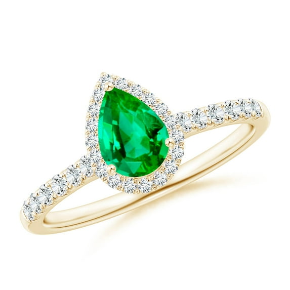 ANGARA Natural Pear-Shaped Emerald Halo Engagement Ring in 14K Yellow Gold for Women (Size-7x5mm) | May Birthstone, Birthday, Anniversary, Jewelry Gift for Women | Natural Emerald Ring
