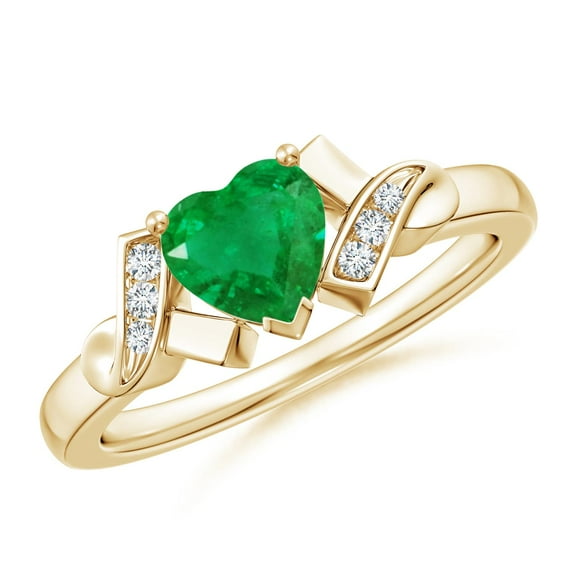 ANGARA Natural Solitaire Emerald Heart Engagement Ring with Diamond Accents in 14K Yellow Gold for Women (Size-6mm) | May Birthstone, Anniversary, Jewelry Gift for Women | Natural Emerald Ring