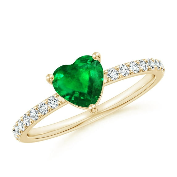 ANGARA Natural 3-Prong-Set Heart Emerald Ring With Diamond Accents in 14K Yellow Gold for Women (Size-6mm) | May Birthstone, Birthday, Anniversary, Jewelry Gift for Women | Natural Emerald Ring