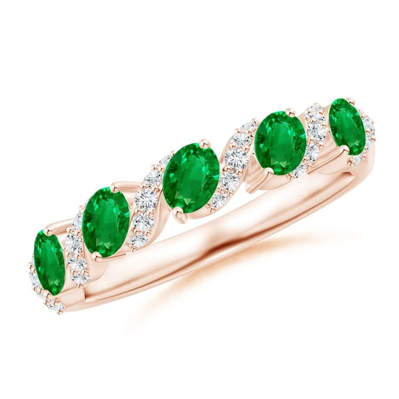 ANGARA Natural Five Stone Oval Emerald Swirl Ring with Diamonds in 14K Rose Gold for Women (Size-4x3mm) | May Birthstone, Birthday, Anniversary, Jewelry Gift for Women | Natural Emerald Ring