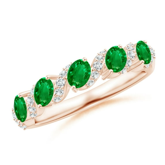 ANGARA Natural Five Stone Oval Emerald Swirl Ring with Diamonds in 14K Rose Gold for Women (Size-4x3mm) | May Birthstone, Birthday, Anniversary, Jewelry Gift for Women | Natural Emerald Ring