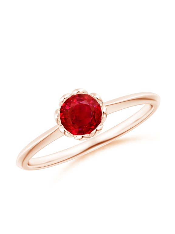 Natural Classic Bezel-Set Round Ruby Floral Engagement Ring in 14K Rose Gold for Women (Size-5mm) | July Birthstone, Birthday, Anniversary, Jewelry Gift for Women | Natural Ruby Ring