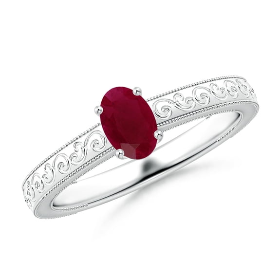 ANGARA Natural Vintage Inspired Oval Ruby Ring with Engraved Shank in 14K White Gold for Women (Size-6x4mm) | July Birthstone, Birthday, Anniversary, Jewelry Gift for Women | Natural Ruby Ring