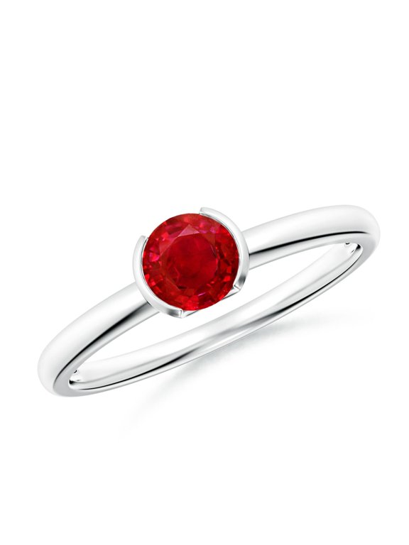 Natural Semi Bezel-Set Ruby Solitaire Engagement Ring in 14K White Gold for Women (Size-5mm) | July Birthstone, Birthday, Anniversary, Jewelry Gift for Women | Natural Ruby Ring