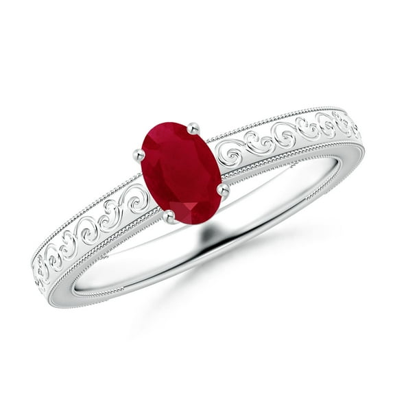 ANGARA Natural Vintage Inspired Oval Ruby Ring with Engraved Shank in 14K White Gold for Women (Size-6x4mm) | July Birthstone, Birthday, Anniversary, Jewelry Gift for Women | Natural Ruby Ring