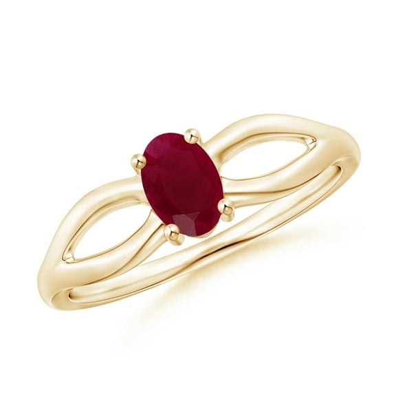 ANGARA Natural Prong-Set Solitaire Ruby Split Shank Ring in 14K Yellow Gold for Women (Size-6x4mm) | July Birthstone, Birthday, Anniversary, Jewelry Gift for Women | Natural Ruby Ring