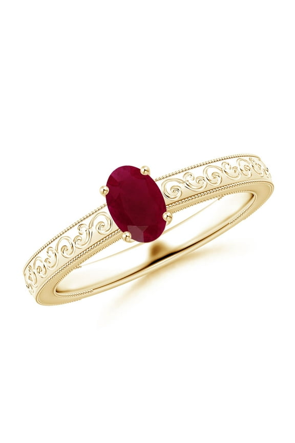 Natural Vintage Inspired Oval Ruby Ring with Engraved Shank in 14K Yellow Gold for Women (Size-6x4mm) | July Birthstone, Birthday, Anniversary, Jewelry Gift for Women | Natural Ruby Ring