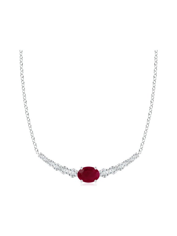 Natural East-West Oval Ruby Curved Bar Necklace with Diamonds in 14K White Gold for Women (Size-6x4mm) | July Birthstone, Birthday, Anniversary, Jewelry Gift for Women | Natural Ruby Necklace
