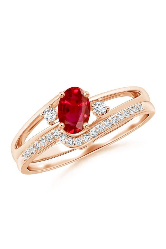Natural Oval Ruby and Diamond Bridal Set in 14K Rose Gold for Women (Size-6x4mm) | July Birthstone Jewelry for Her | Natural Ruby Rings