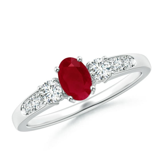 ANGARA Natural Three Stone Ruby and Diamond Ring with Accents in 14K White Gold for Women (Size-6x4mm) | July Birthstone, Birthday, Anniversary, Jewelry Gift for Women | Natural Ruby Ring