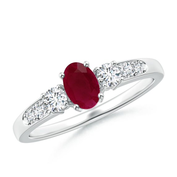 ANGARA Natural Three Stone Ruby and Diamond Ring with Accents in 14K White Gold for Women (Size-6x4mm) | July Birthstone, Birthday, Anniversary, Jewelry Gift for Women | Natural Ruby Ring