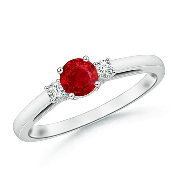 ANGARA Natural Round Ruby & Diamond Three Stone Engagement Ring in 14K White Gold for Women (Size-5mm) | July Birthstone, Birthday, Anniversary, Jewelry Gift for Women | Natural Ruby Ring