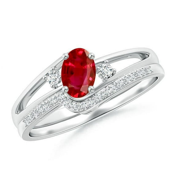 ANGARA Natural Oval Ruby and Diamond Bridal Set in 14K White Gold for Women (Size-6x4mm) | July Birthstone, Birthday, Anniversary, Jewelry Gift for Women | Natural Ruby Ring