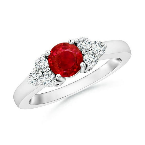 ANGARA Natural Round Ruby Solitaire Ring With Trio Diamonds in 14K White Gold for Women (Size-5mm) | July Birthstone, Birthday, Anniversary, Jewelry Gift for Women | Natural Ruby Ring