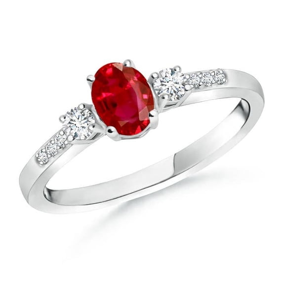 ANGARA Natural Classic Oval Ruby and Diamond Three Stone Engagement Ring in 14K White Gold for Women (Size-6x4mm) | July Birthstone, Birthday, Anniversary, Jewelry Gift for Women | Natural Ruby Ring