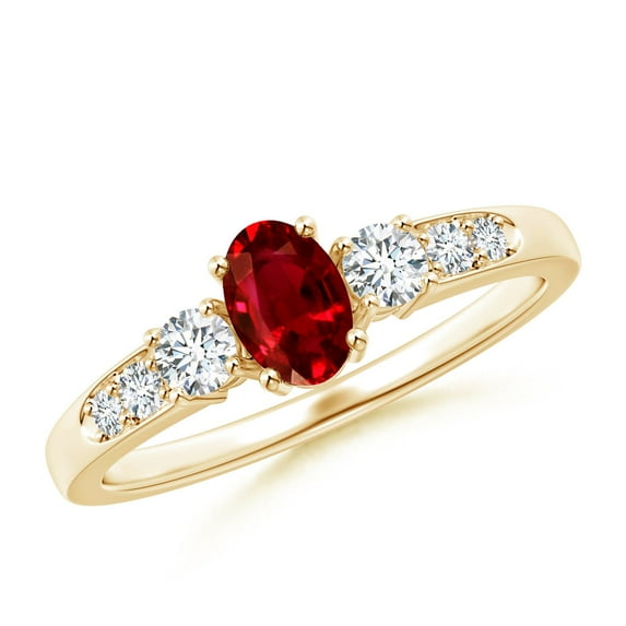 ANGARA Natural Three Stone Ruby and Diamond Ring with Accents in 14K Yellow Gold for Women (Size-6x4mm) | July Birthstone, Birthday, Anniversary, Jewelry Gift for Women | Natural Ruby Ring