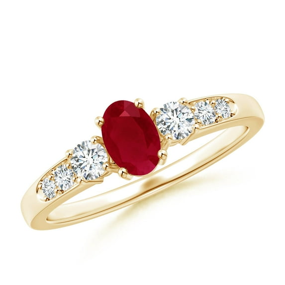 ANGARA Natural Three Stone Ruby and Diamond Ring with Accents in 14K Yellow Gold for Women (Size-6x4mm) | July Birthstone, Birthday, Anniversary, Jewelry Gift for Women | Natural Ruby Ring