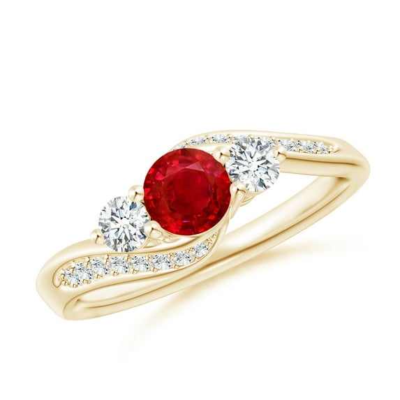 ANGARA Natural Ruby and Diamond Three Stone Bypass Ring in 14K Yellow Gold for Women (Size-5mm) | July Birthstone Jewelry for Her | Natural Ruby Rings