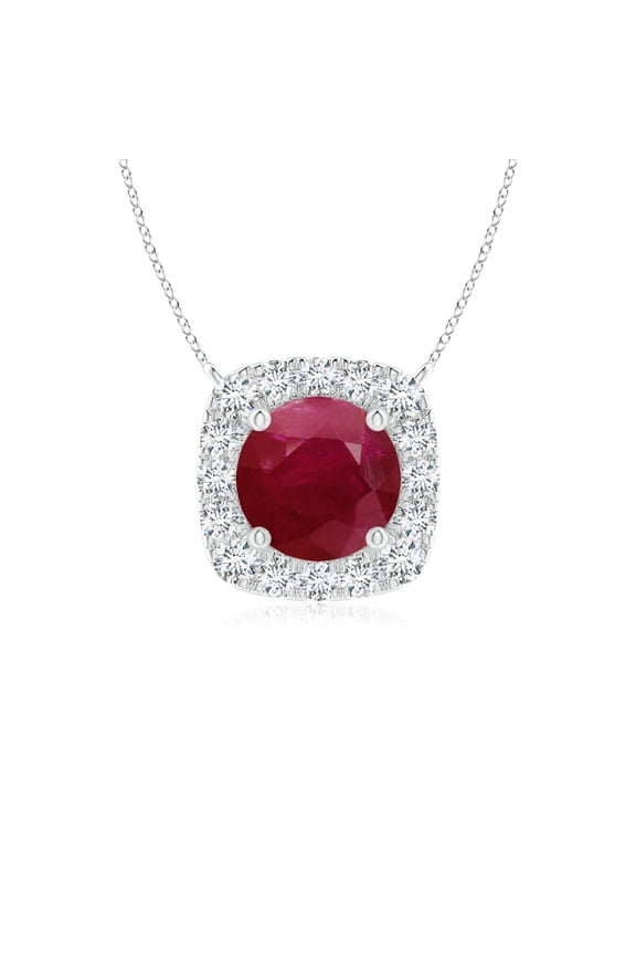 Natural Round Ruby Pendant with Cushion Halo in 14K White Gold for Women (Size-5mm) | July Birthstone, Birthday, Anniversary, Jewelry Gift for Women | Natural Ruby Necklace