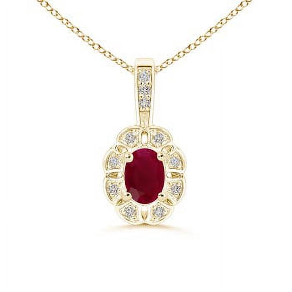 ANGARA Natural Oval Ruby Flower Pendant with Diamond Halo in 14K Yellow Gold for Women (Size-6x4mm) | July Birthstone, Birthday, Anniversary, Jewelry Gift for Women | Natural Ruby Necklace