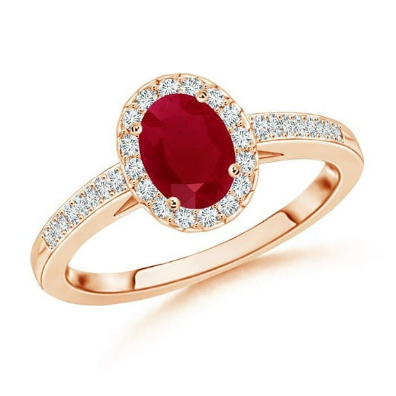 ANGARA Natural Classic Oval Ruby Halo Engagement Ring with Diamond Accents in 14K Rose Gold for Women (Size-6x4mm) | July Birthstone, Birthday, Anniversary, Jewelry Gift for Women | Natural Ruby Ring