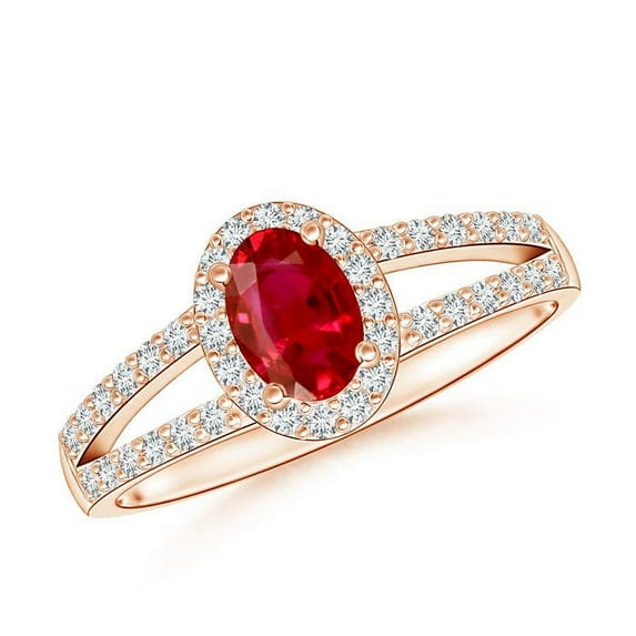 ANGARA Natural Oval Ruby Split Shank Halo Engagement Ring in 14K Rose Gold for Women (Size-6x4mm) | July Birthstone, Birthday, Anniversary, Jewelry Gift for Women | Natural Ruby Ring